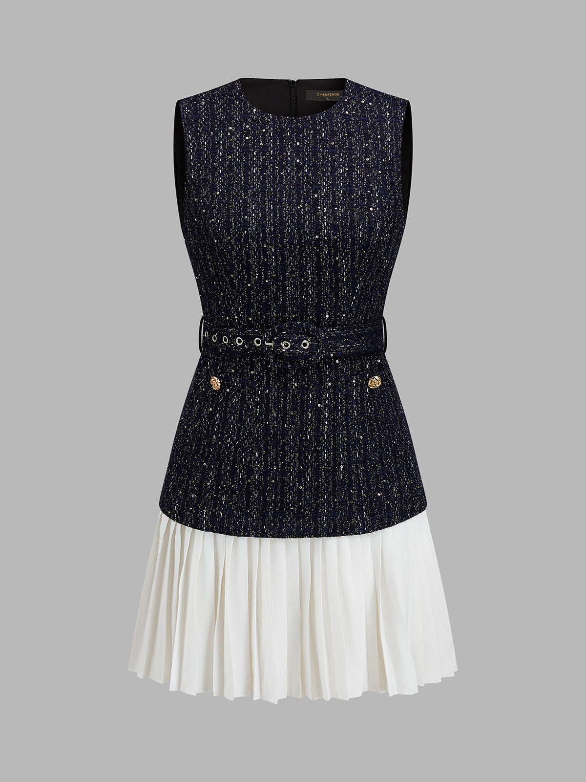 Tweed Belted Pleated Mini Dress