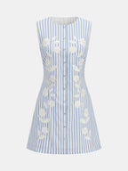 Sleeveless Striped Embroidered Floral Mini Dress