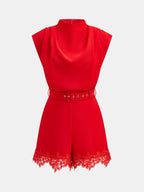 Belted Sleeveless Lace Hem Romper