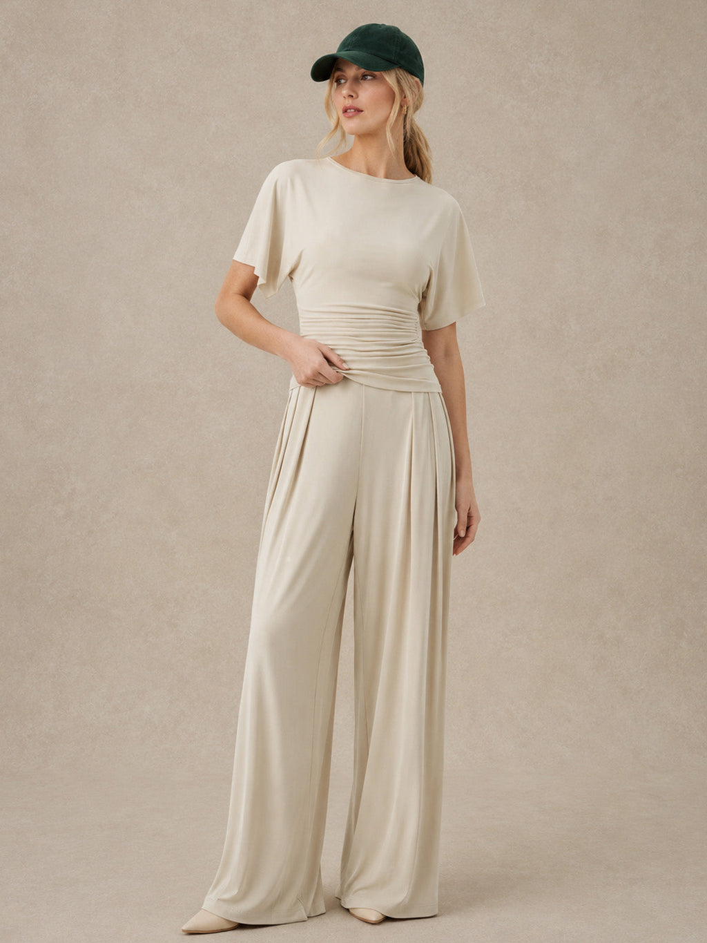 Ruched Crew Neck Top & Pleated Pants Set