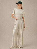 Ruched Crew Neck Top & Pleated Pants Set