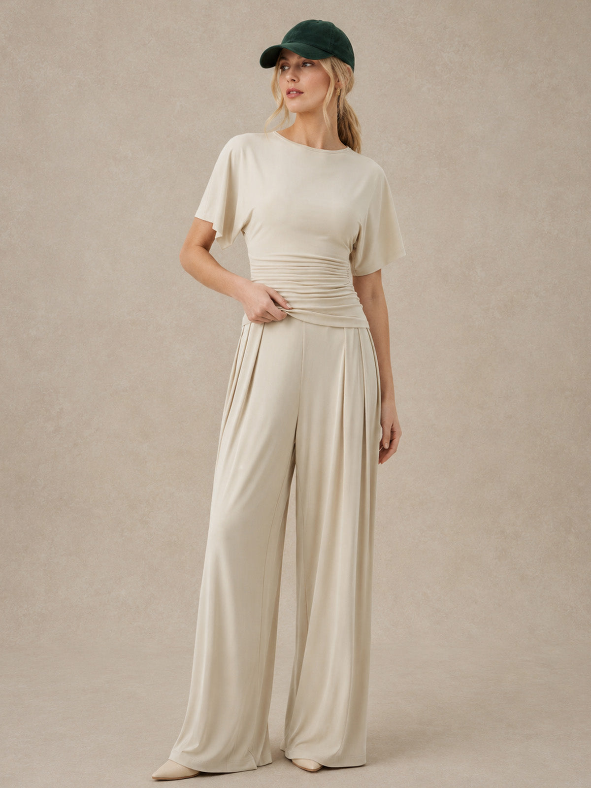 Ruched Crew Neck Top & Pleated Pants Set