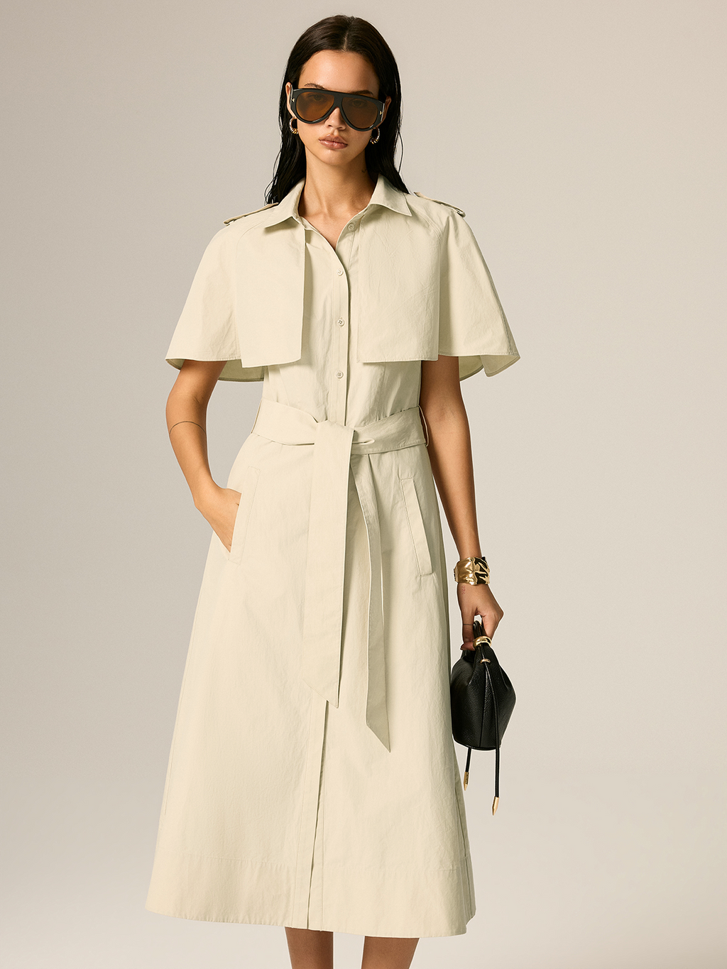 Cape Sleeve Belted Cotton Maxi Dress