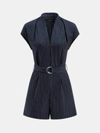Striped Belted V-Neck Cap Sleeve Romper