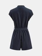Striped Belted V-Neck Cap Sleeve Romper