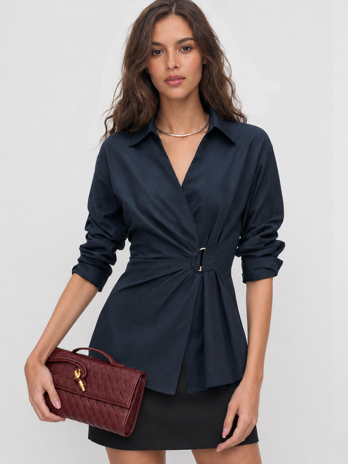 Ruched Waist Collared Wrap Blouse