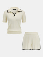 Contrast Trim Rib Knit Two Piece Shorts Set