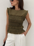 Sleeveless Smocked Ruffled Blouse