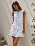 Sleeveless Striped Embroidered Floral Mini Dress