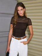 Mock Neck Sheer Short Sleeve Top