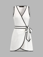 Contrast Trim Wrap Tie Sleeveless Mini Dress