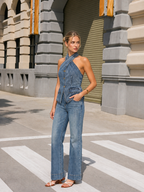 Metal Button Denim Cross Halter Vest