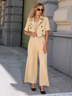 Fold Collar Strapless Belted Wide Leg Jumpsuit