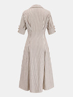 Roll Sleeve Striped Shirt Midi Dress