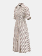 Roll Sleeve Striped Shirt Midi Dress
