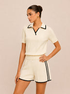Contrast Trim Rib Knit Two Piece Shorts Set