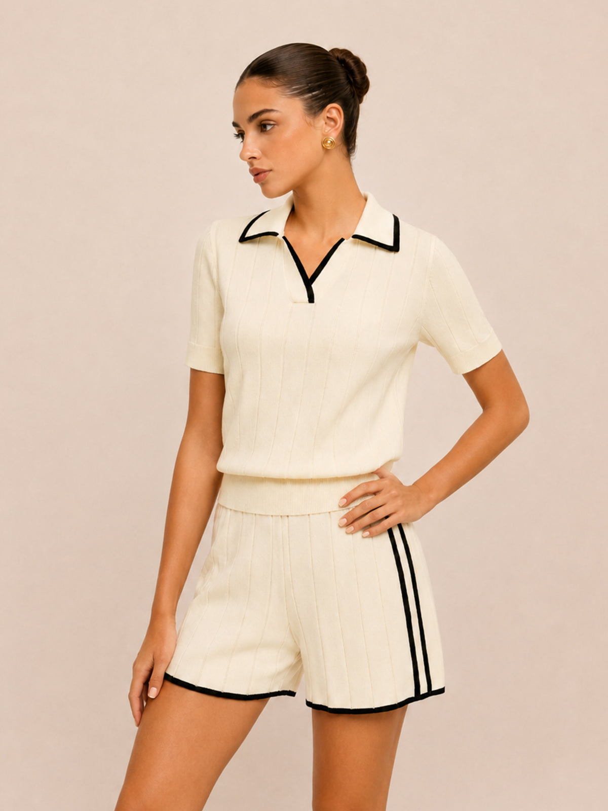 Contrast Trim Rib Knit Two Piece Shorts Set