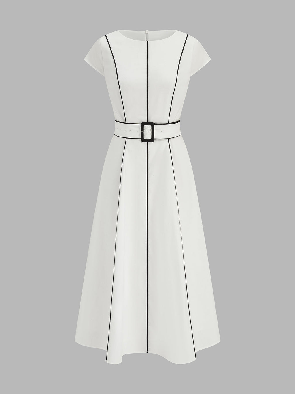 Contrast Piping Belted Cotton Linen Midi Dress