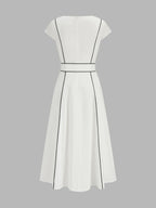 Contrast Piping Belted Cotton Linen Midi Dress
