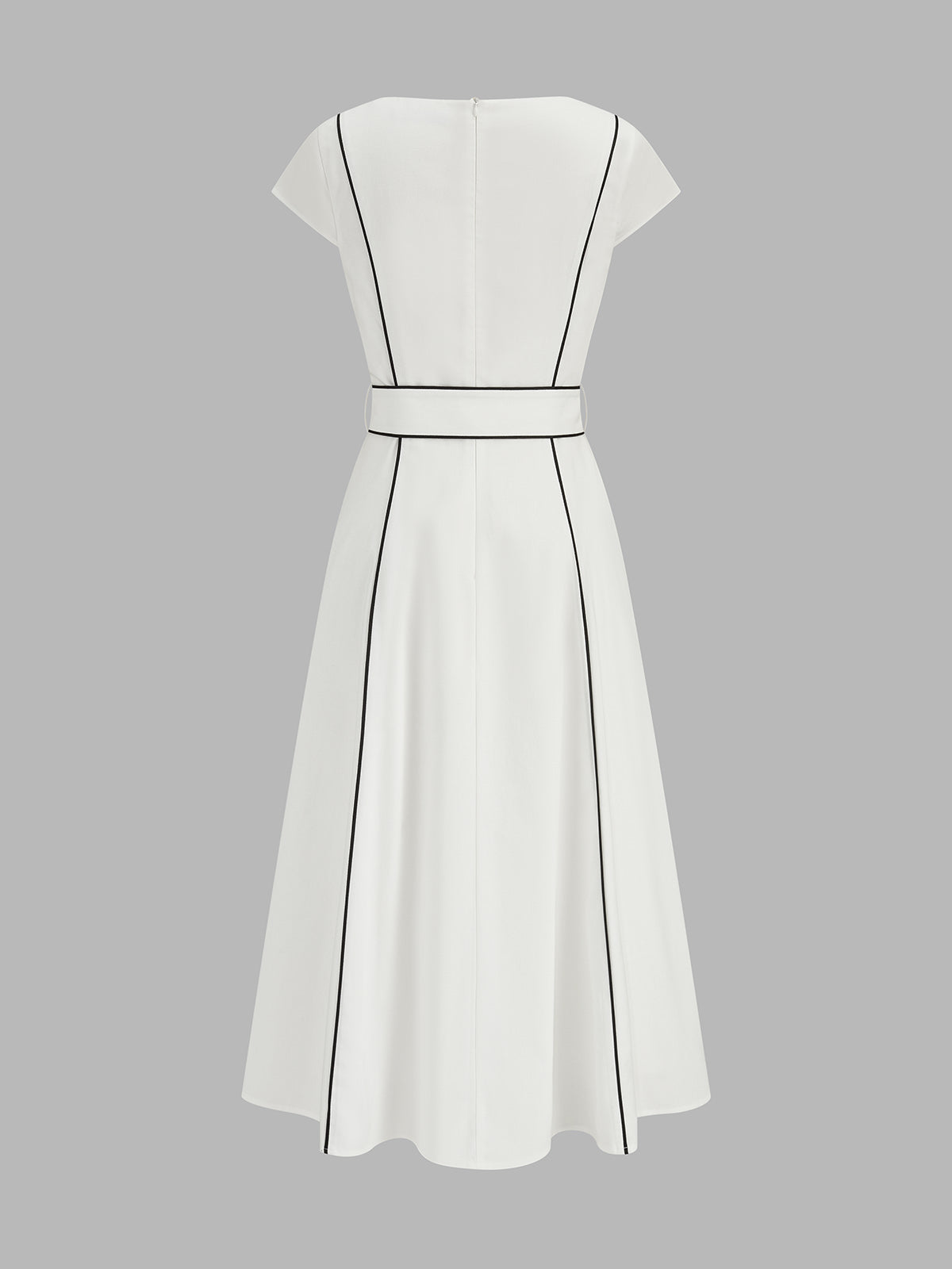 Contrast Piping Belted Cotton Linen Midi Dress