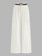 Belted Striped Cotton Linen Wide Leg Pants
