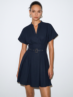 Belted Cotton Linen Pleated Mini Dress