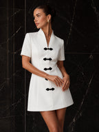 Frog Button V Neck Mini Dress
