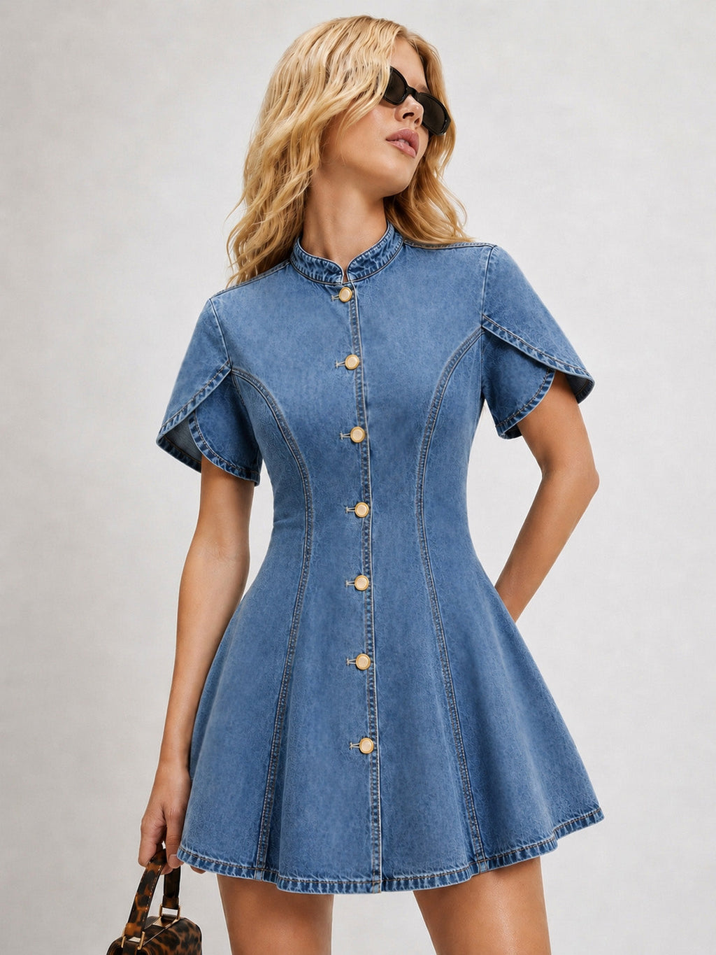 Tulip Short Sleeve Fit Flare Denim Mini Dress