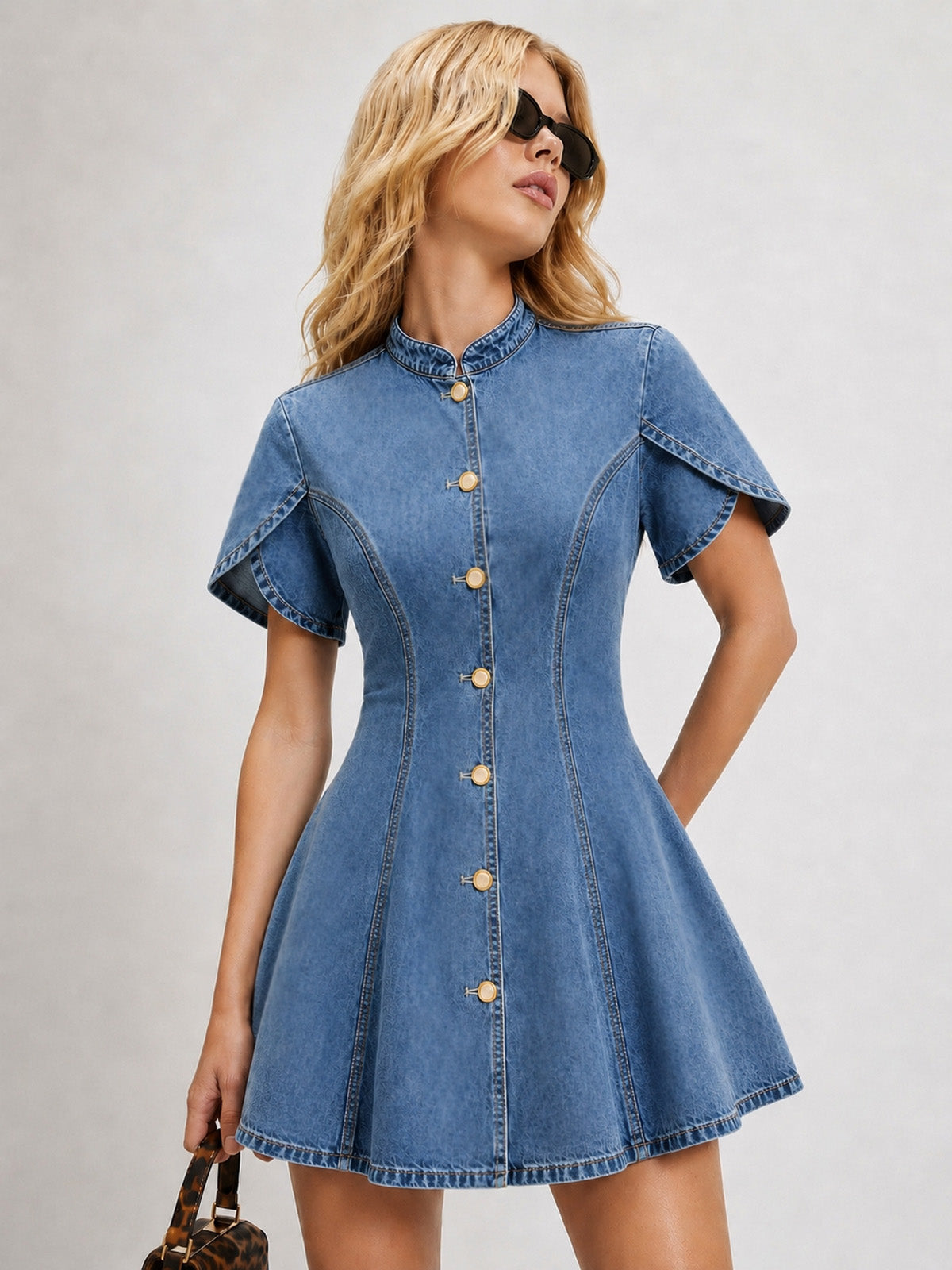 Tulip Short Sleeve Fit Flare Denim Mini Dress