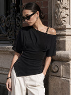 Chain Strap Asymmetrical Waffle Knit Top