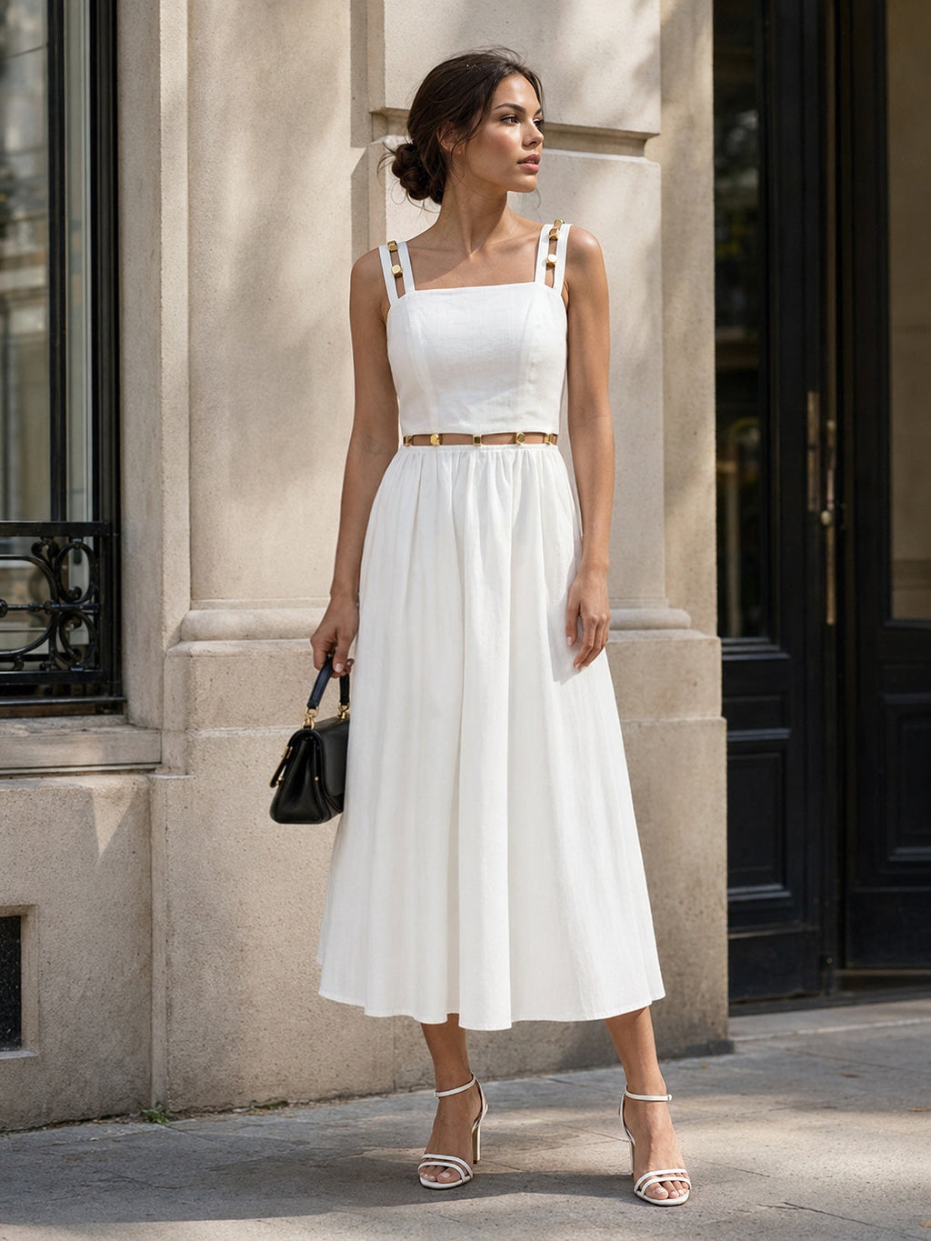 Metal Detail Cutout Linen Blend Midi Dress