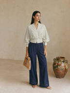 Striped Lace Panel Cotton Linen Blouse
