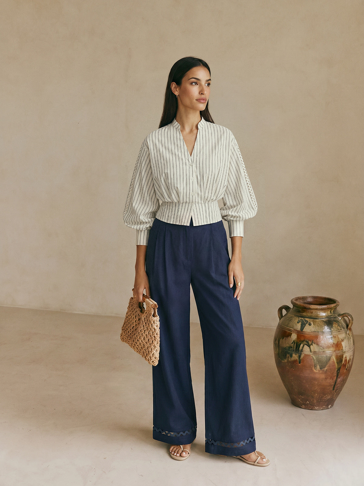 Striped Lace Panel Cotton Linen Blouse