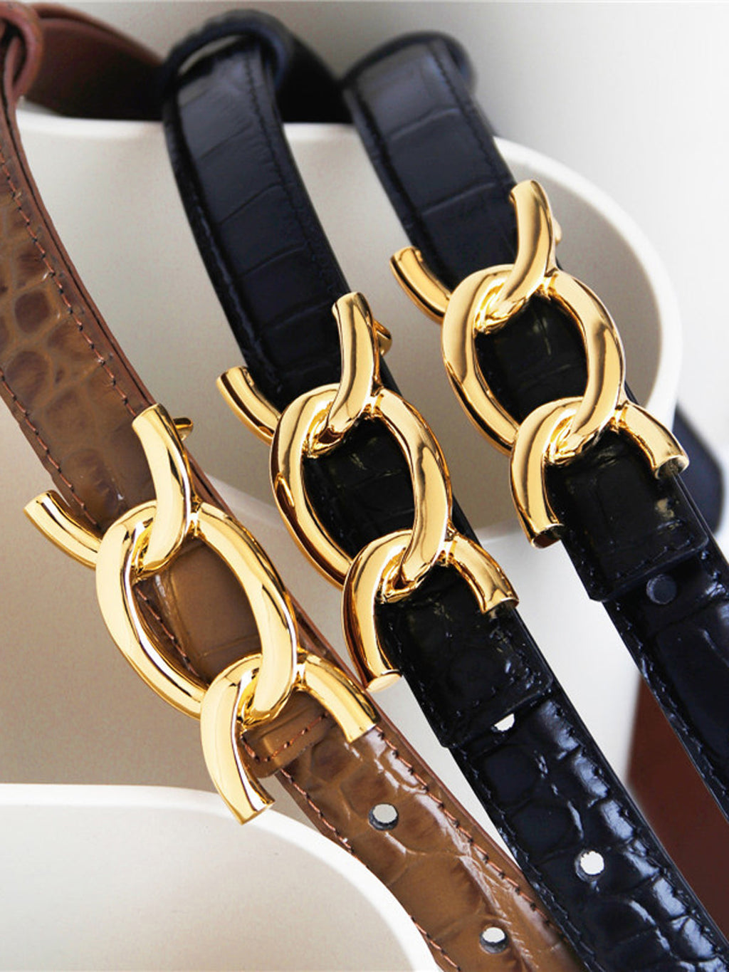 Crocodile Embossed Metal Buckle Leather Belt