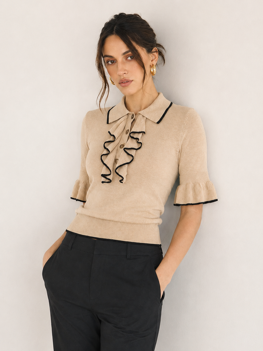 Contrast Trim Ruffle Knit Top