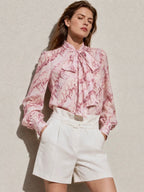 Sheer Marbled Bow Neck Long Sleeve Blouse