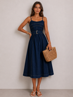 Belted A-Line Denim Cami Midi Dress